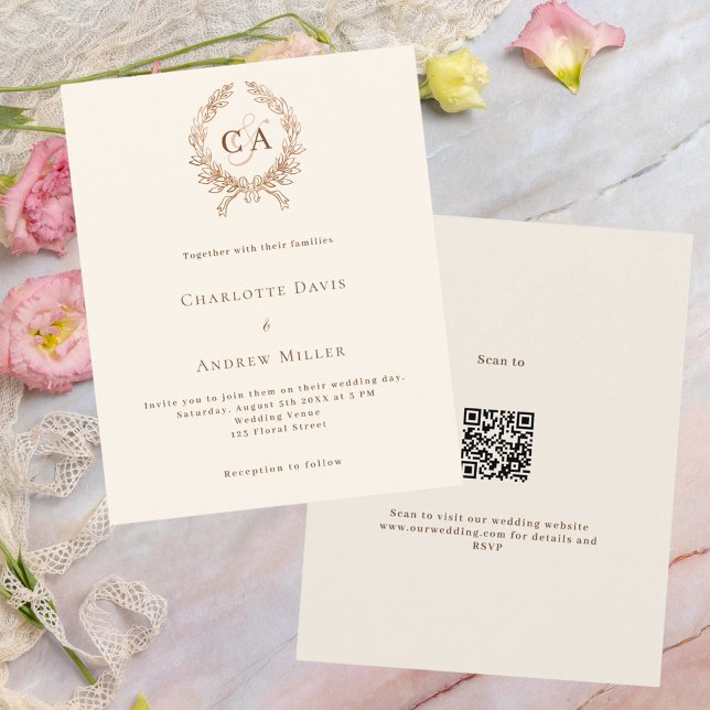 Monogramme de crête beige QR RSVP budget mariage (Créateur téléchargé)