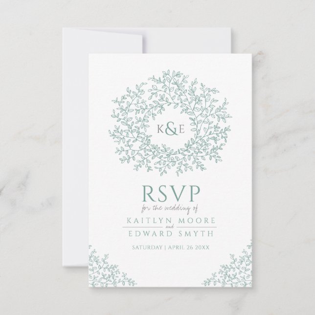 Monogramme de feuille à main verte RSVP mariage (Devant)