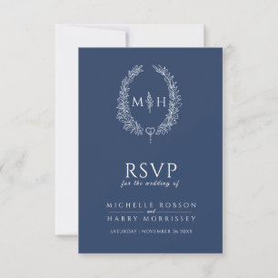 Monogramme de feuille bleu marine RSVP mariage