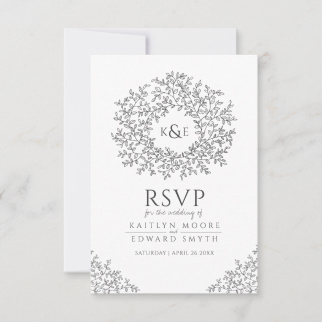 Monogramme de feuille gris foncé RSVP mariage (Devant)
