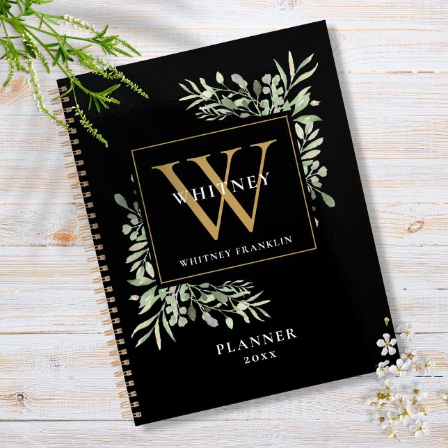 Monogramme de feuilles de verdure noires et dorées (Créateur téléchargé)