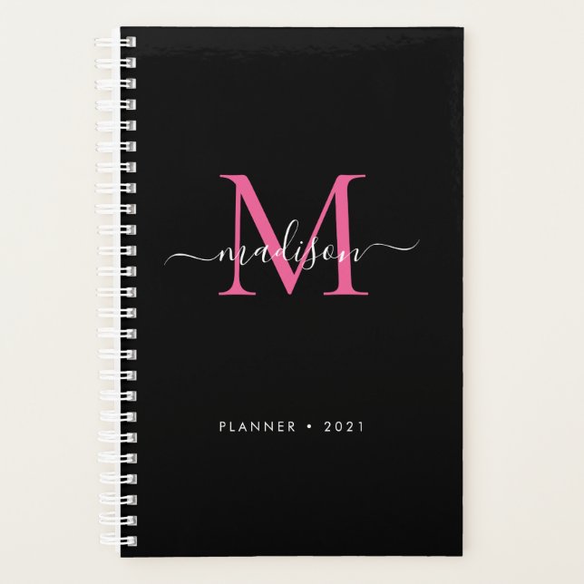 Monogramme de fille rose magenta noire Nom du scri (Devant)