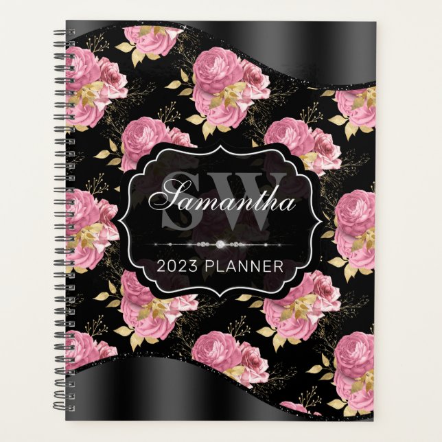 Monogramme de fleurs chic shabby rose et noir (Devant)