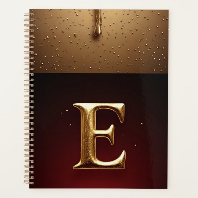 Monogramme de lettre E dorée avec métal qui coule (Devant)