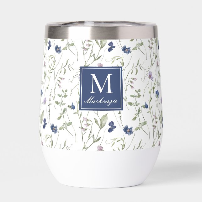 Monogramme de nom à fleur sauvage bleue aquarelle (Arrière)
