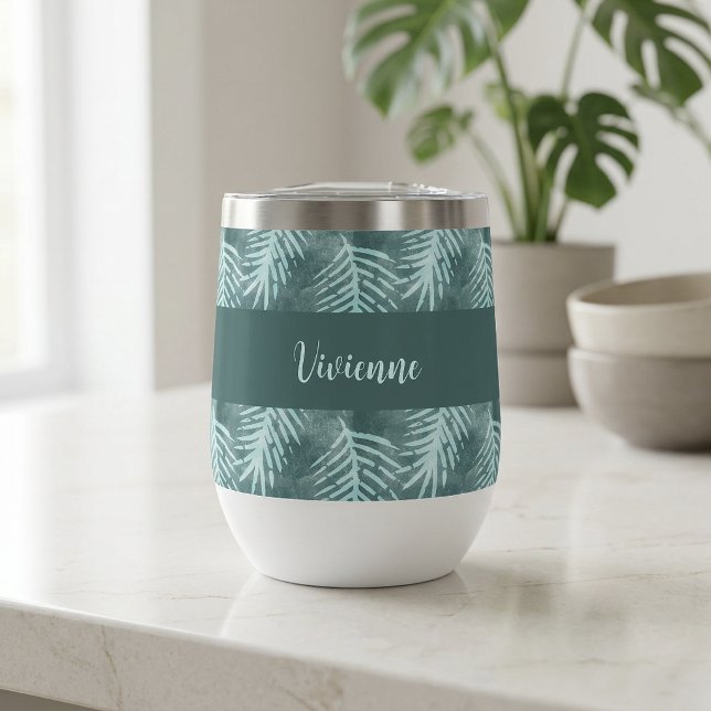 Monogramme de nom de feuille tropicale à l'aquarel (Teal Watercolor Tropical Leaf Monogram Name Thermal Wine Tumbler)