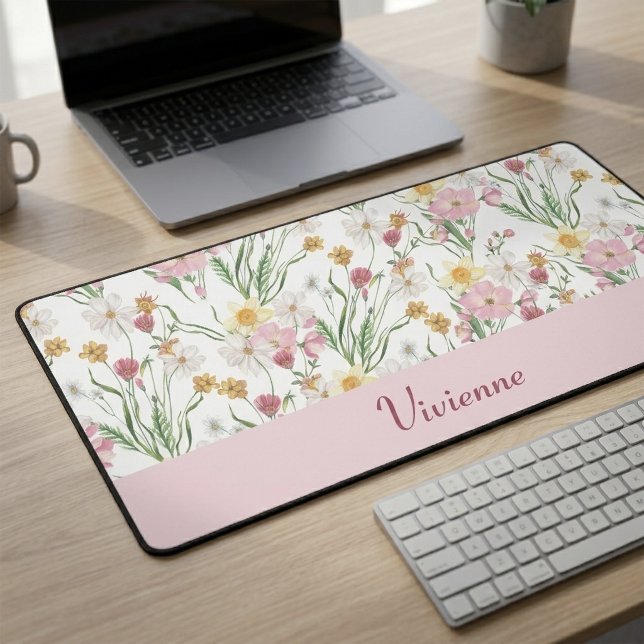 Monogramme de nom de fleur sauvage aquarelle rose  (Pink Green Watercolor Wildflower Monogram Name Desk Mat)