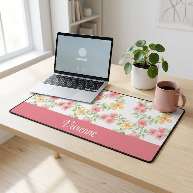 Monogramme de nom de fleur sauvage aquarelle rose  (Pink Green Watercolor Wildflower Monogram Name Desk Mat)