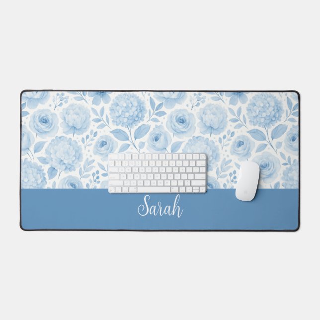Monogramme de nom floral aquarelle bleu blanc (Clavier et souris)