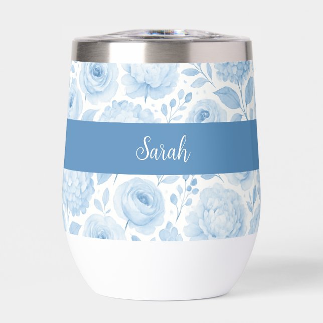Monogramme de nom floral aquarelle bleu blanc (Avant)