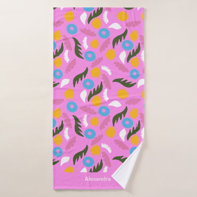 Monogramme de nom gras motif abstrait floral rose (Serviette de bain)