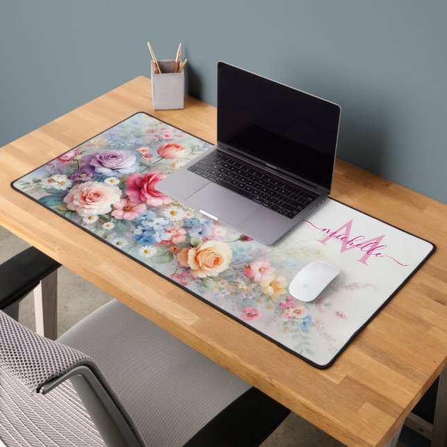 Monogramme de nom personnalisé floral aquarelle él (Bureau 2)