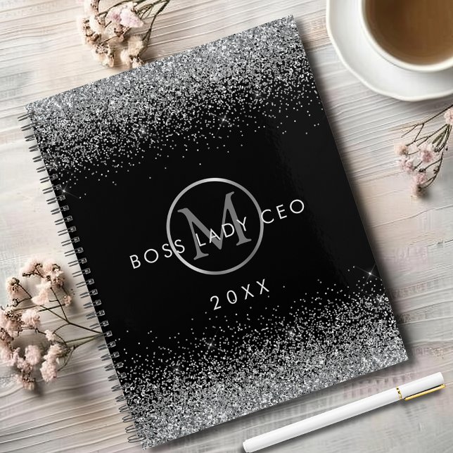 Monogramme de PDG femme d'affaires en paillettes a (Sparkly Silver Glitter Boss Lady CEO Black Monogram Annual Planner)
