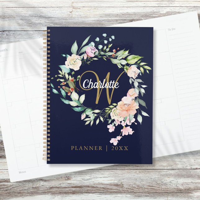 Monogramme de roses à l'écriture florale bleu mari (Roses Floral Script Monogram Navy Blue Gold Planner)