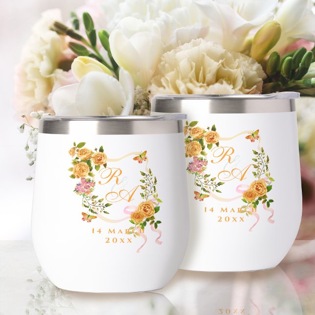Monogramme de ruban Rose d'or (Gold Rose Ribbon Monogram Thermal Wine Tumbler)