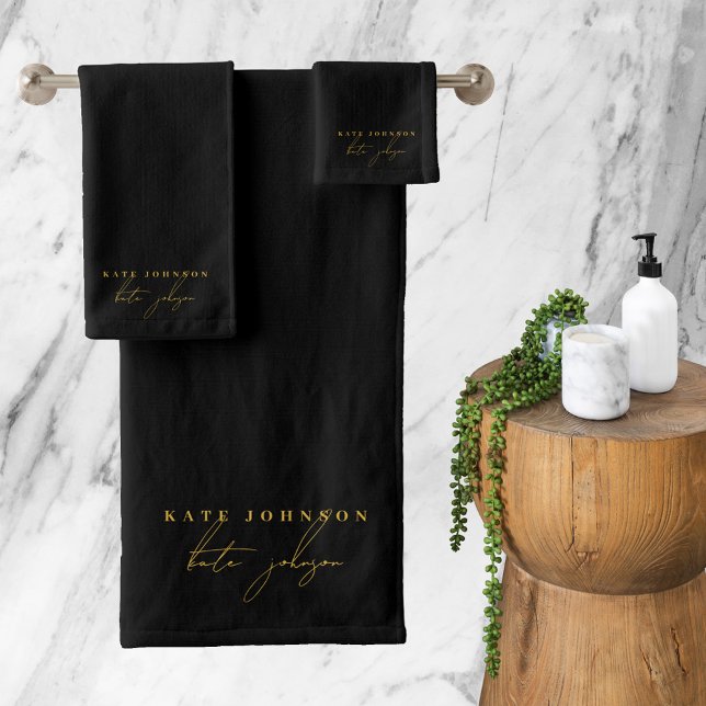 Monogramme de signature d'or noir (Black Gold Signature Script Monogram Bath Towel Set)