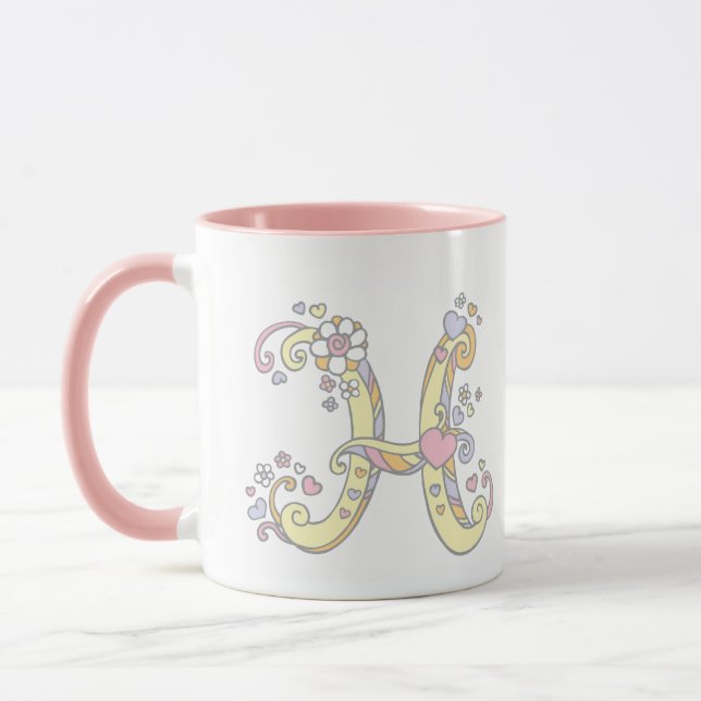Monogramme décoratif H coeurs et fleurs mug (Gauche)