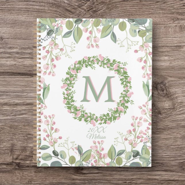Monogramme Delicate Sage rose Floral Journal/Plann (Monogrammed custom Journal/Planner. Pretty and Floral. So many uses for this product. A nice gift.)