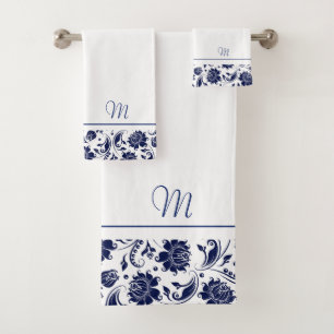 monogramme des damas vintages bleu et blanc de la 