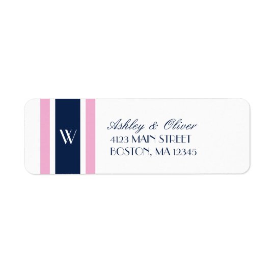 Monogramme des rayures | de rose et de bleu marine étiquettes d’adresse retour