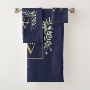 Monogramme doré de verdure floral bleu marine