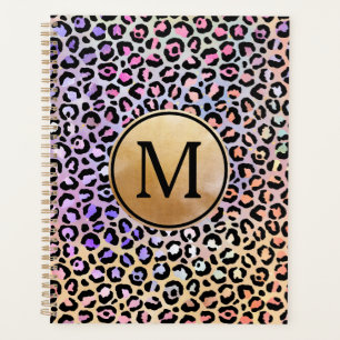 Monogramme doré girly arc-en-ciel iridescent léopa