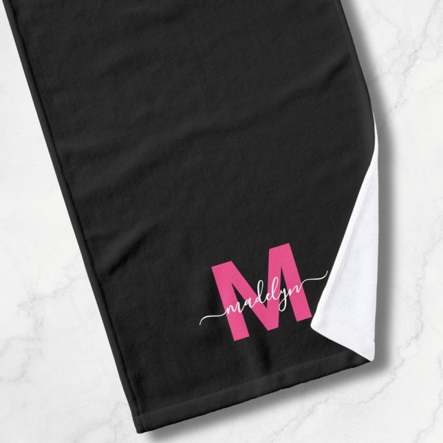Monogramme du nom en écriture rose foncé (Black Hot Pink Script Name Monogram Hand Towel )