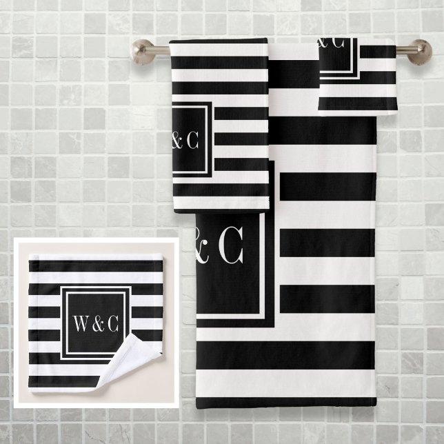 Monogramme élégant à rayures noires et blanches (Elegant Black White Stripe Monogram Bath Towel Set)