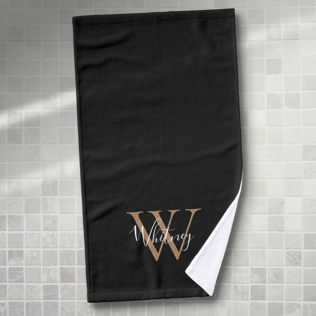 Monogramme élégant en or noir moderne avec nom en  (Modern Black Gold Monogram Elegant Script Name Hand Towel)