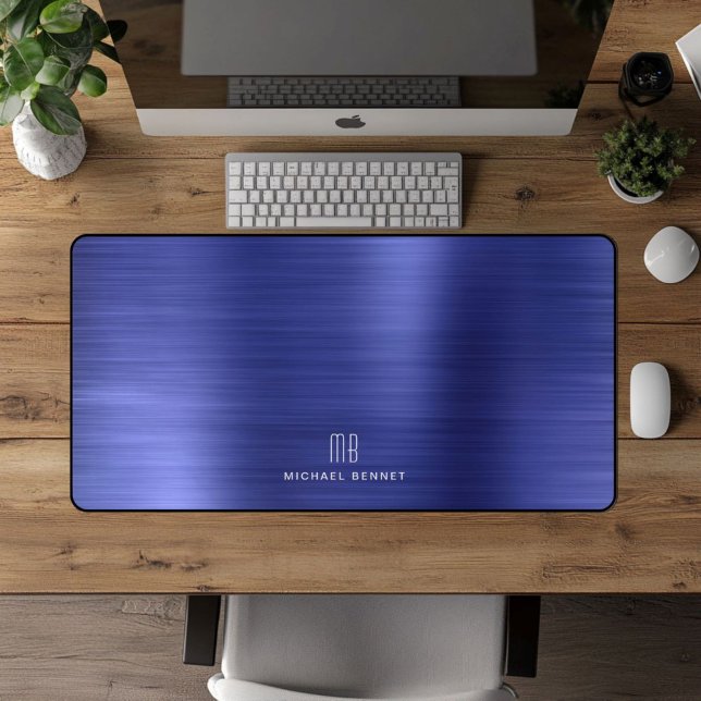 Monogramme Élégant Faux Bleu Marine Métallisé Bros (Elegant Monogram Faux Navy Blue Brushed Metallic Desk Mat)