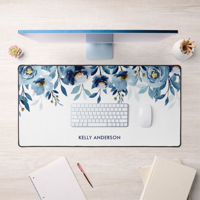 Monogramme élégant floral aquarelle bleue (Bureau 1)