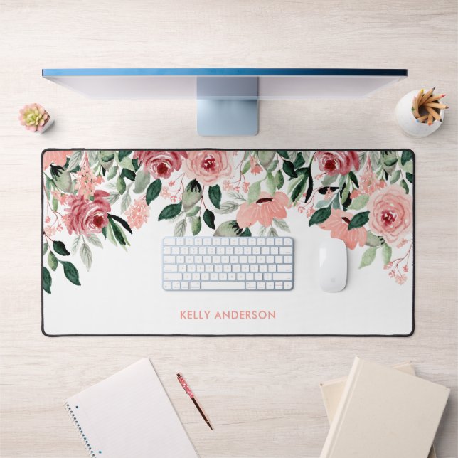 Monogramme élégant floral aquarelle rose et vert (Bureau 1)