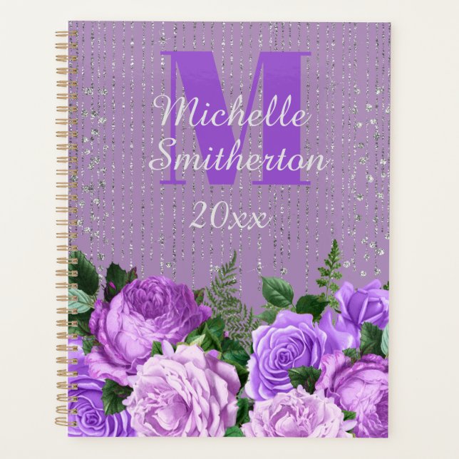 Monogramme élégant floral violet paillettes argent (Devant)