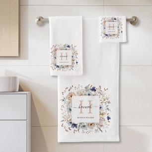 Monogramme Élégant Jolies Fleurs Beige Bleu Floral