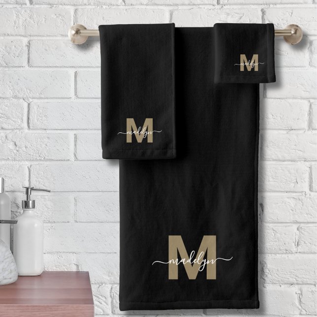 Monogramme Élégant Moderne en Script Or Noir (Modern Elegant Black Gold Script Name Monogram Bath Towel Set)