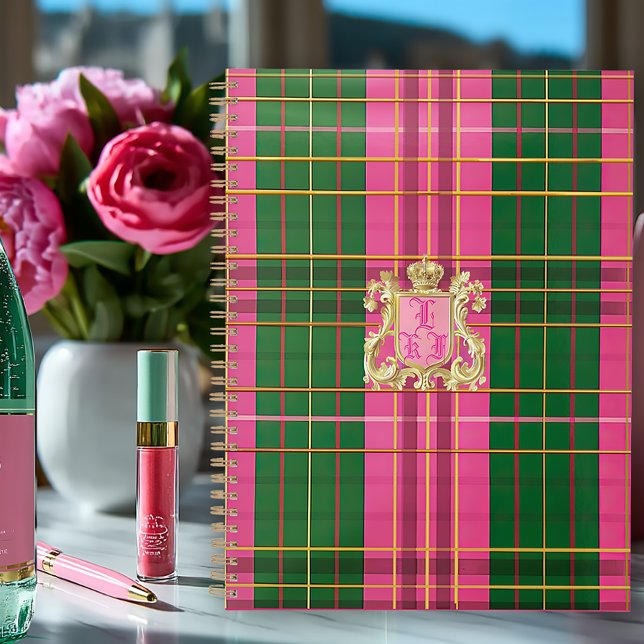 Monogramme élégant rose et vert Plaid (Posh Plaid Pink and Green Monogrammed Business Planner/Glossy Soft Cover/Matte Hardcover)