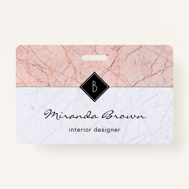 Monogramme Élégant Rose Gold Gris Marbre Badge (Devant)
