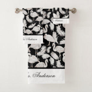 Monogramme Élégant Script Black White Swan Feather