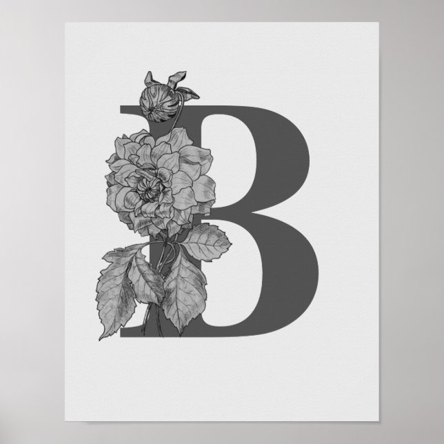 Monogramme élégant Silver Peony Poster initial B (Devant)