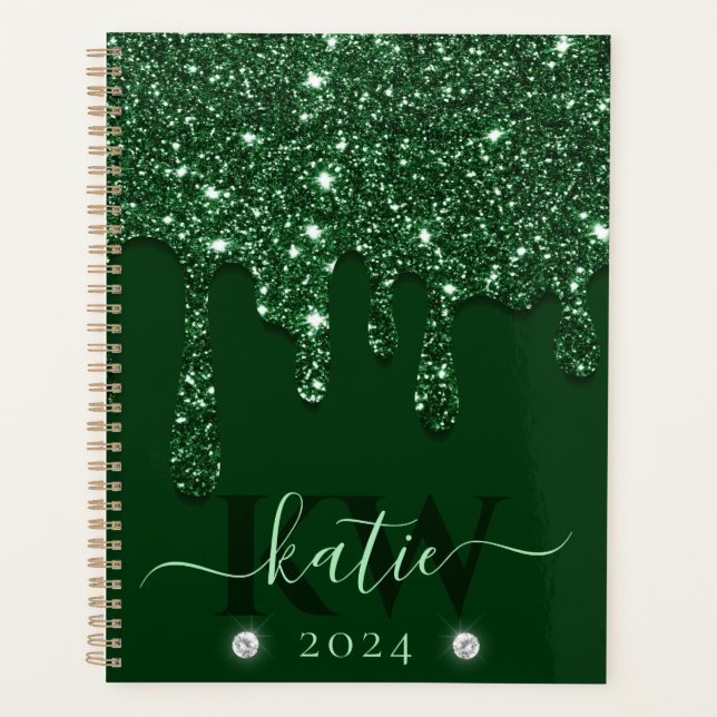 Monogramme élégant vert foncé paillettes qui coule (Devant)