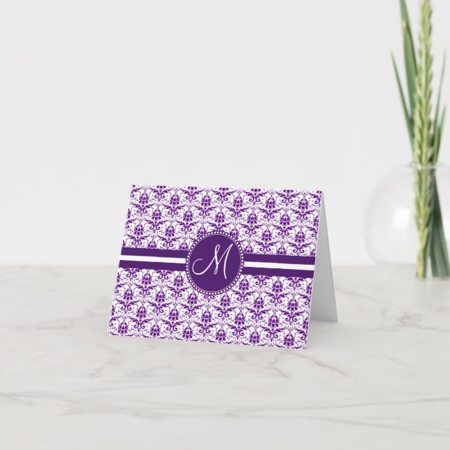 Monogramme Elegant Vintage pourpre et blanc Damas (Devant)