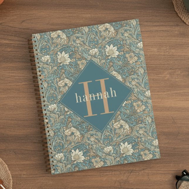 Monogramme élégant William Morris à fleurs bleues (Créateur téléchargé)