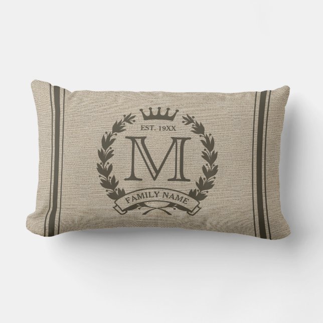 Monogramme Famille Logo Burlap Look Lumbar Coussin (Recto)