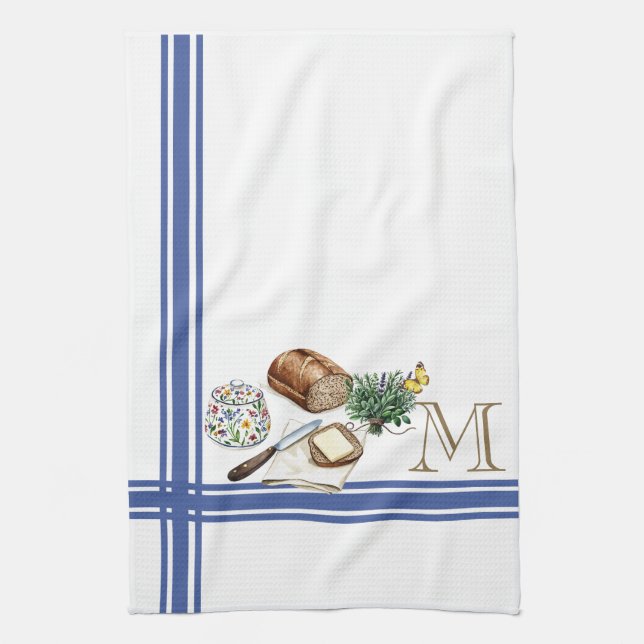 Monogramme Ferme Cuisine Serviette Bleu Herbes à r (Vertical)