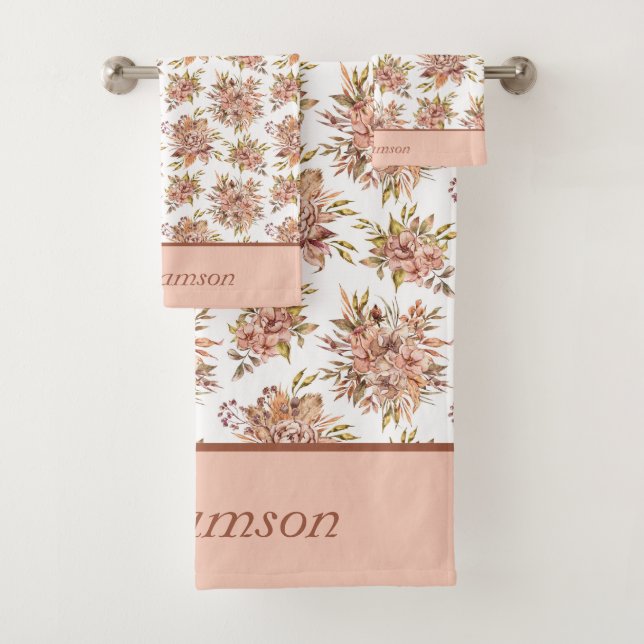 Monogramme Fleurs Rose Pêche Marron Vert  (En situation)