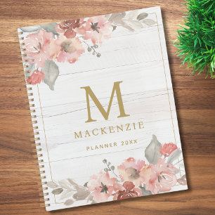 Monogramme Floral Aquarelle Rose Bois Rustique