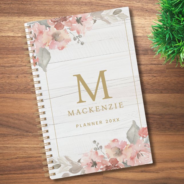 Monogramme Floral Aquarelle Rose Bois Rustique (Créateur téléchargé)