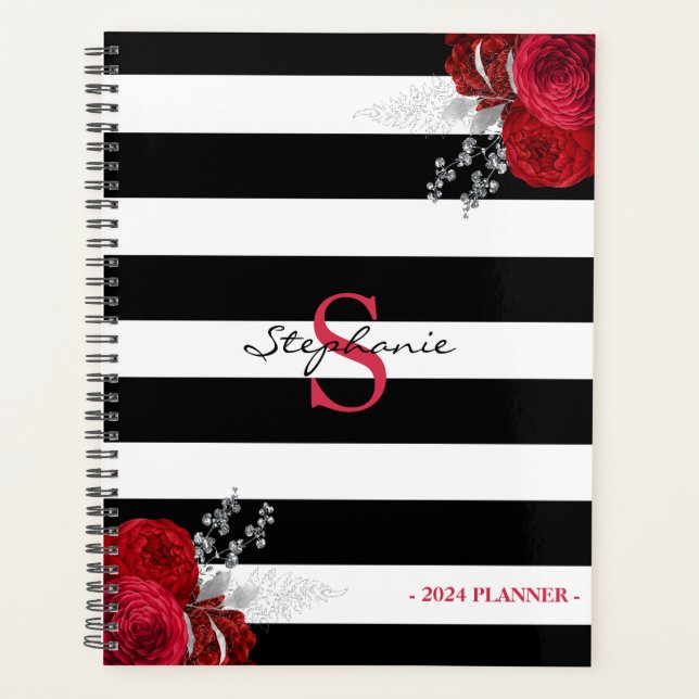 Monogramme floral argent rouge Rayures noires 2024 (Devant)