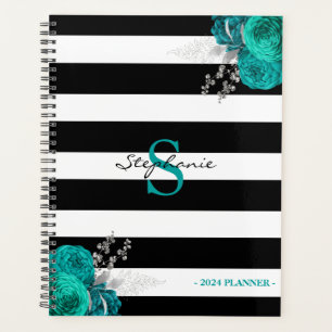 Monogramme floral argent sarcelle Rayures noires 2