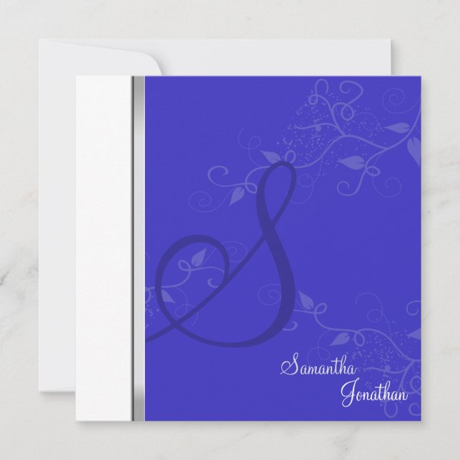 Monogramme floral bleu Faire-part de mariage (Devant)